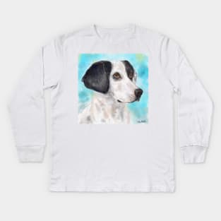 Watercolor Painting of a Black and White Dog on Light Blue Background Kids Long Sleeve T-Shirt